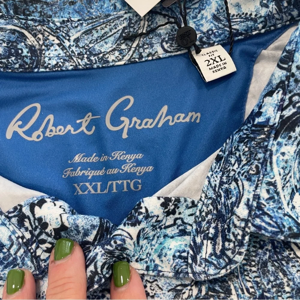 ROBERT GRAHAM Golf Clubhouse Blue Paisley UV Wicking Short Sleeve Polo NWT (XXL - Picture 9 of 13
